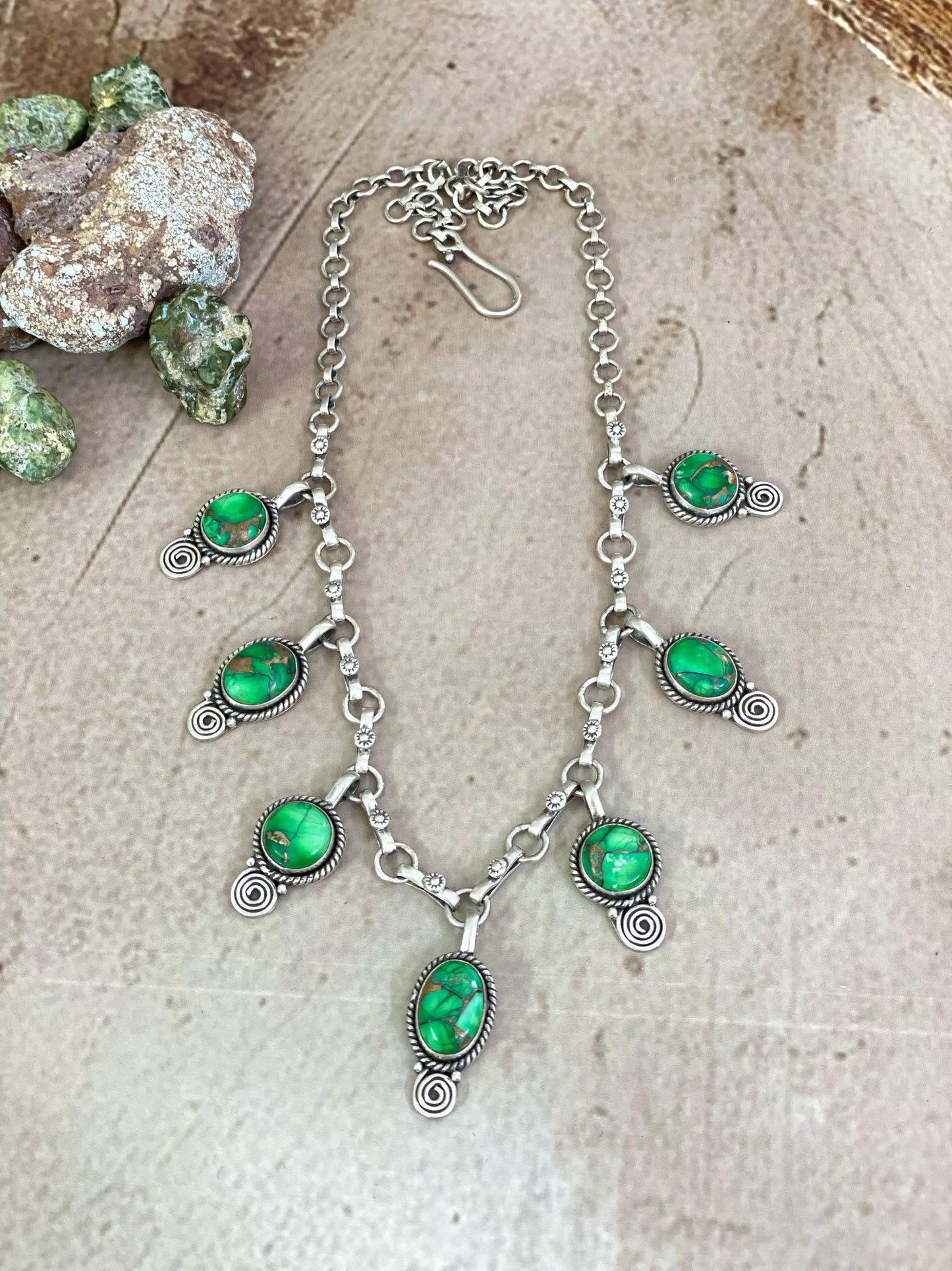 Handmade Sterling Silver Kelly Green Dahlia Necklace with Signed Nizhoni