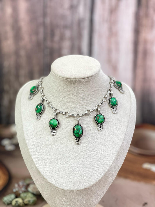 Handmade Sterling Silver Kelly Green Dahlia Necklace with Signed Nizhoni