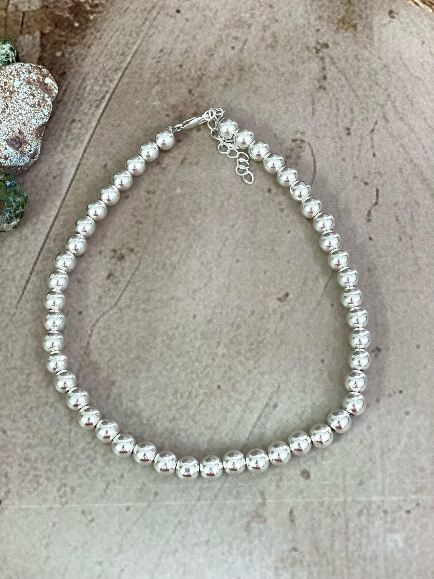 Handmade Elegance Sterling Silver 8MM  + 2” Beaded Necklace with Signed Nizhoni