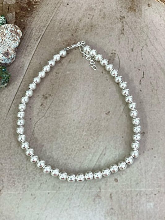 Handmade Elegance Sterling Silver 8MM + 2” Beaded Necklace with Signed Nizhoni