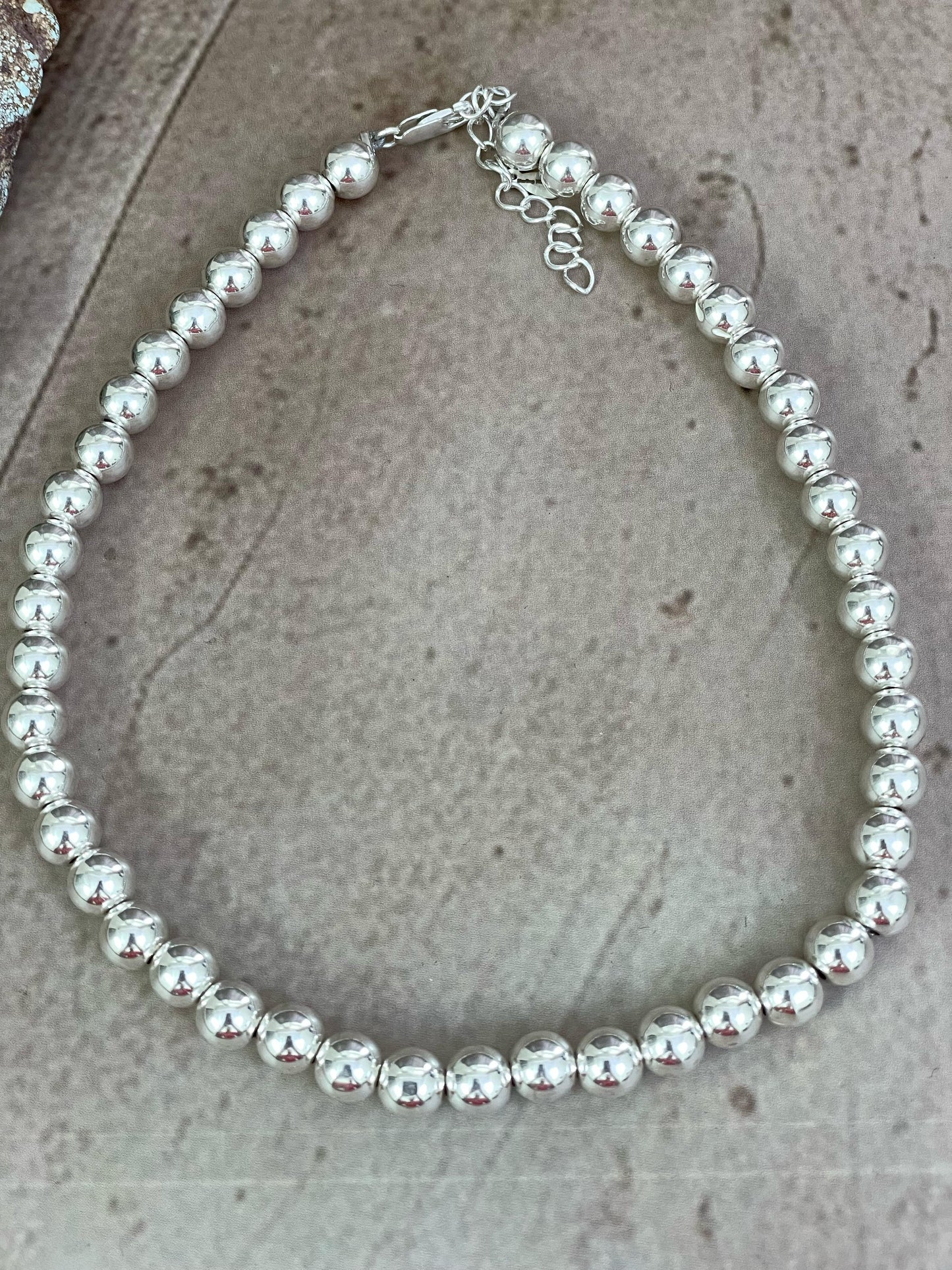 Handmade Elegance Sterling Silver 8MM  + 2” Beaded Necklace with Signed Nizhoni