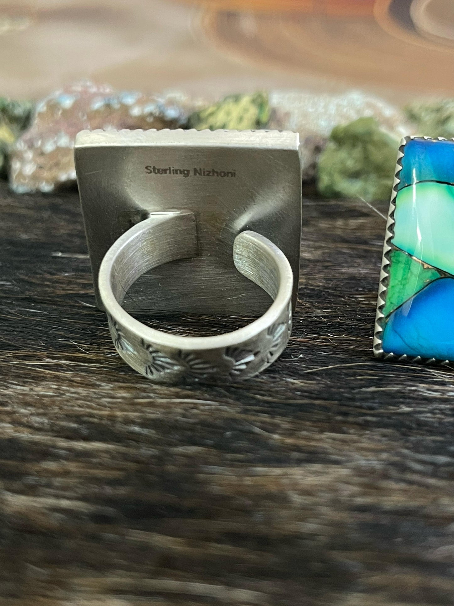 Handmade Sterling Silver Peacock Dahlia, White Buffalo Turquoise Adjustable Ring with Signed Nizhoni