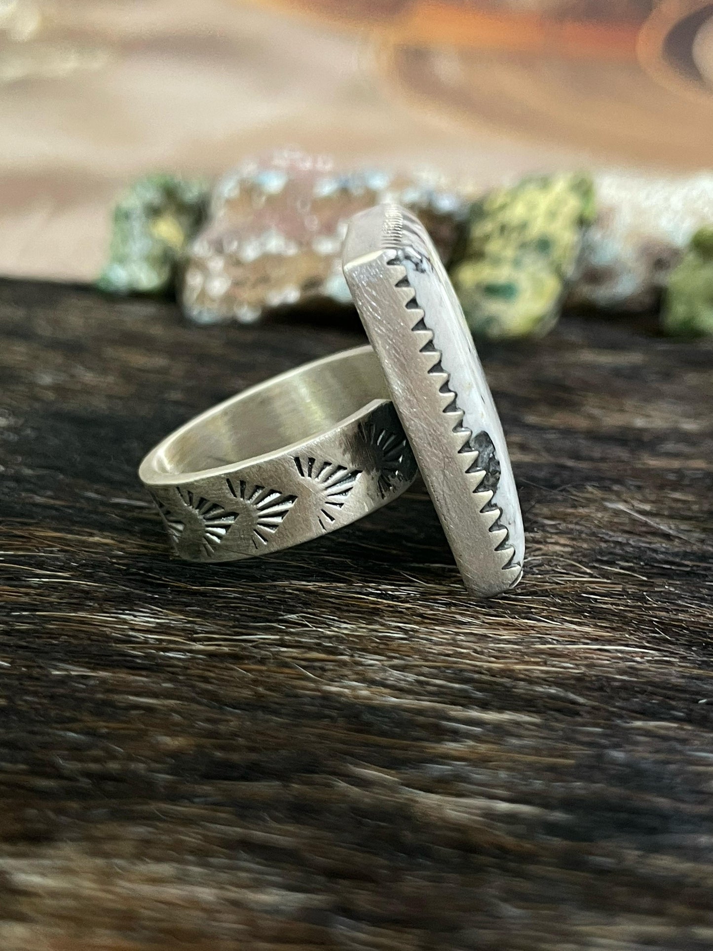 Handmade Sterling Silver Peacock Dahlia, White Buffalo Turquoise Adjustable Ring with Signed Nizhoni