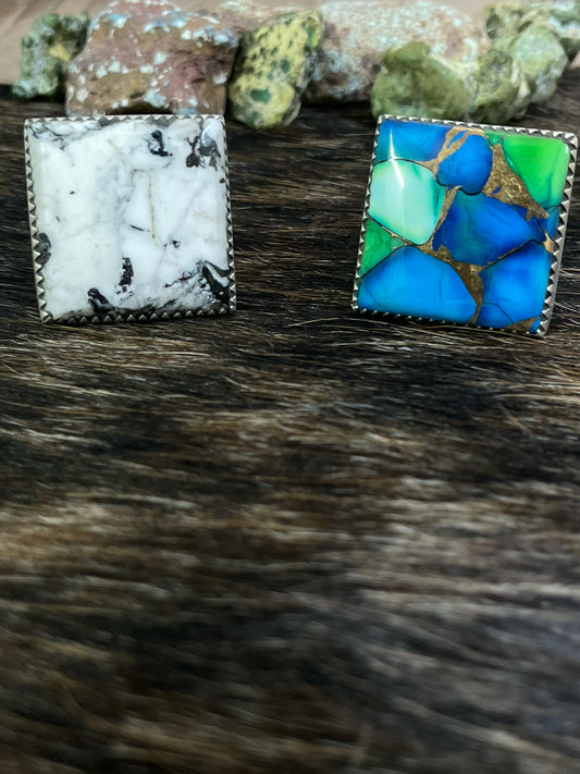 Handmade Sterling Silver Peacock Dahlia, White Buffalo Turquoise Adjustable Ring with Signed Nizhoni