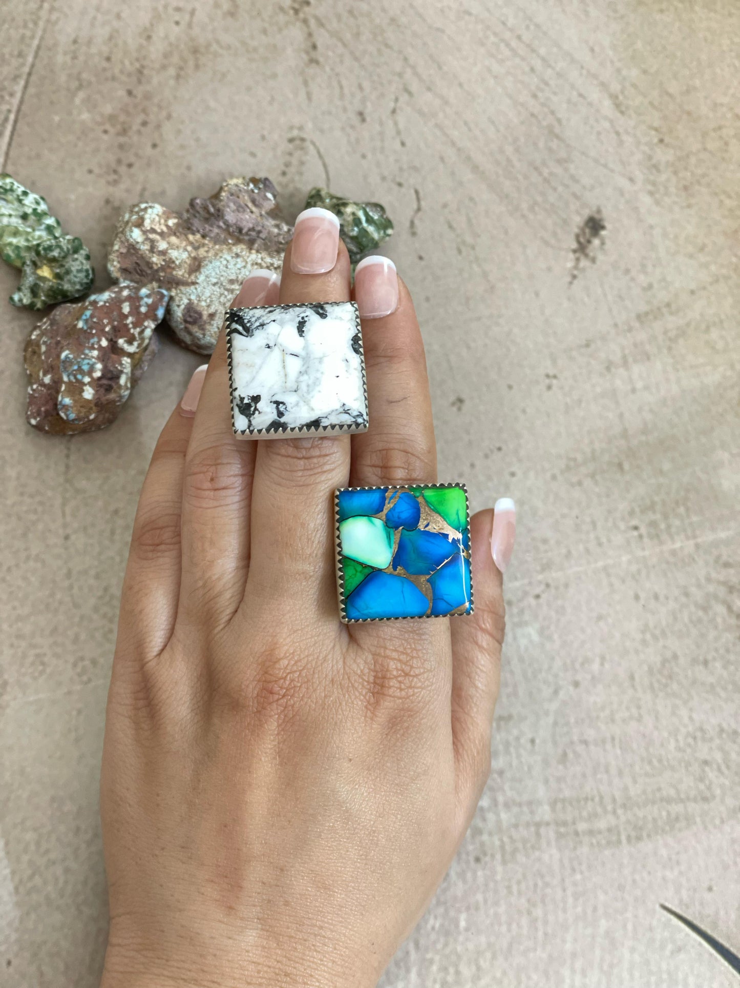 Handmade Sterling Silver Peacock Dahlia, White Buffalo Turquoise Adjustable Ring with Signed Nizhoni