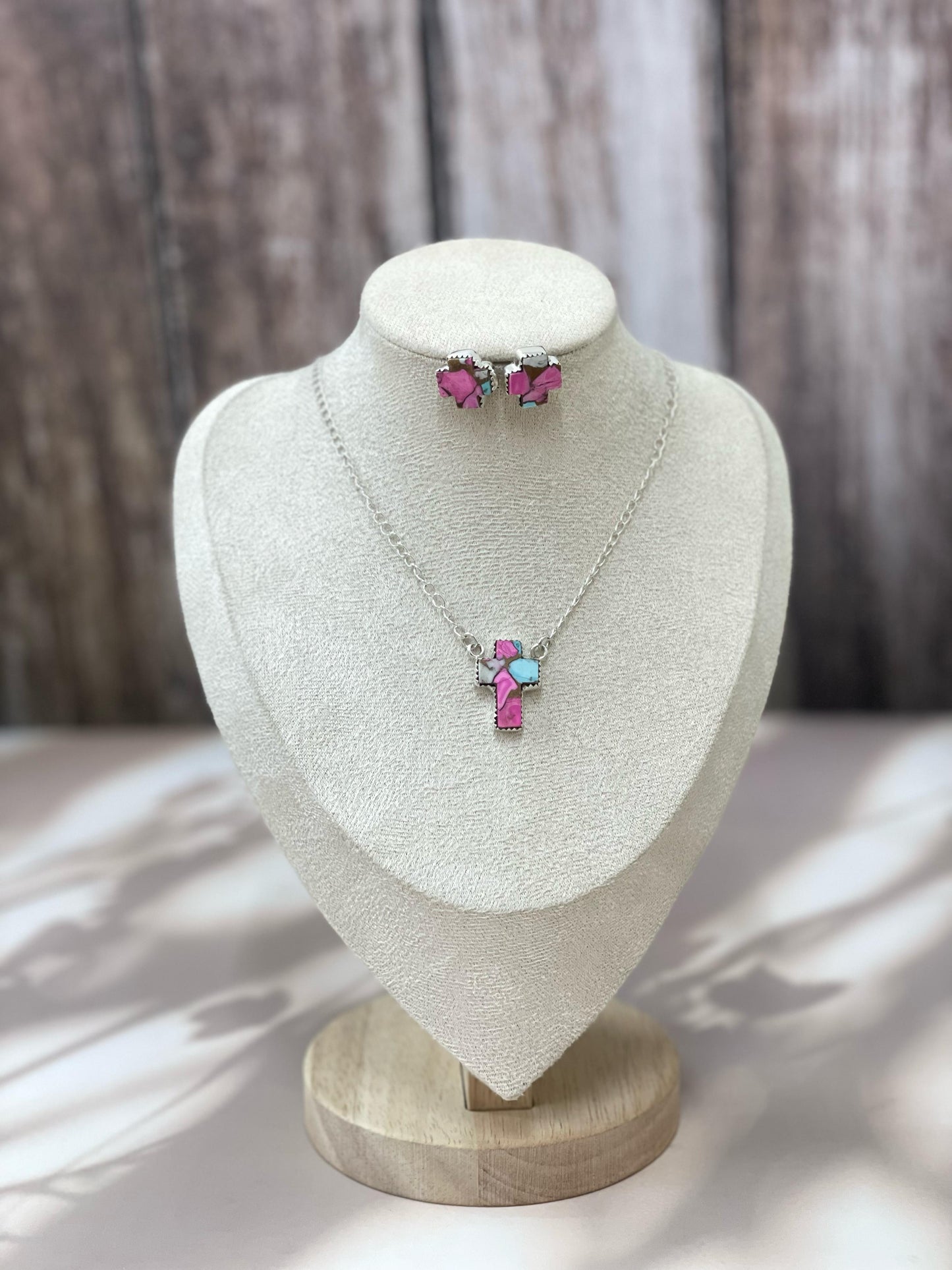 Handmade Sterling Silver Cotton Candy Turquoise Necklace Post Earring Set with Signed Nizhoni