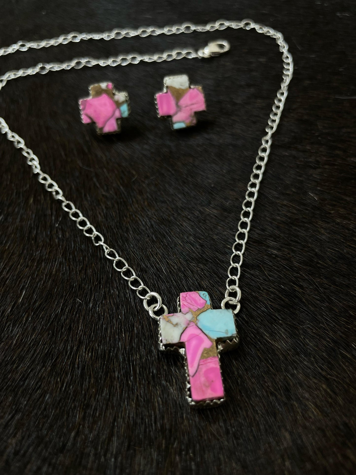 Handmade Sterling Silver Cotton Candy Turquoise Necklace Post Earring Set with Signed Nizhoni