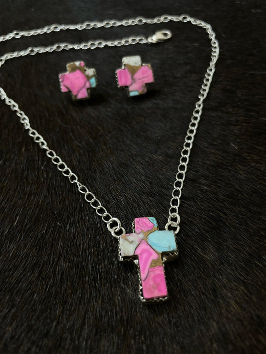 Handmade Sterling Silver Cotton Candy Turquoise Necklace Post Earring Set with Signed Nizhoni