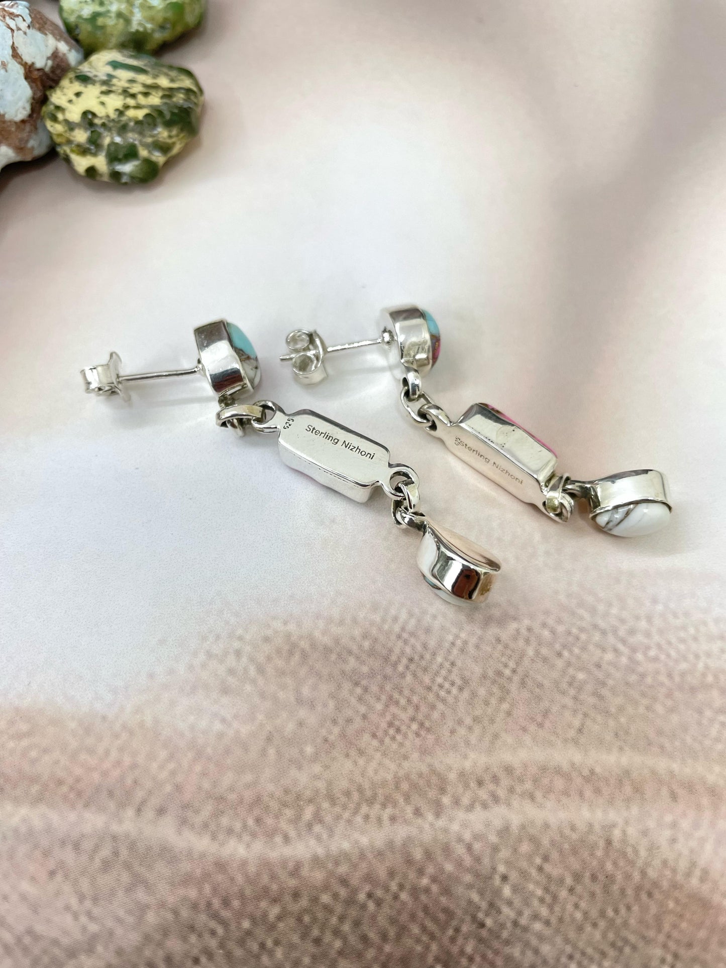 Handmade Sterling Silver Cotton Candy Turquoise Dangles Earrings with Signed Nizhoni