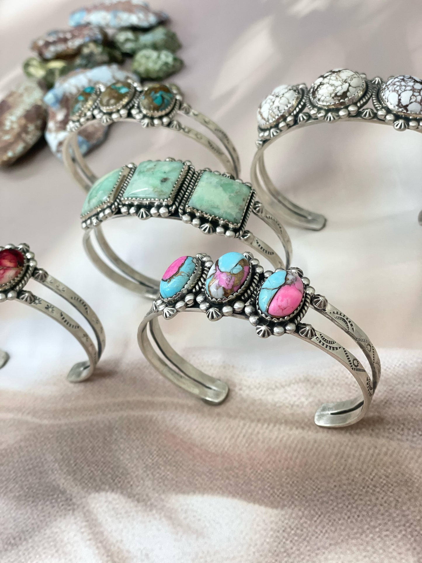 Handmade Sterling Silver Multi Stone Cuff Bracelet with Signed Nizhoni