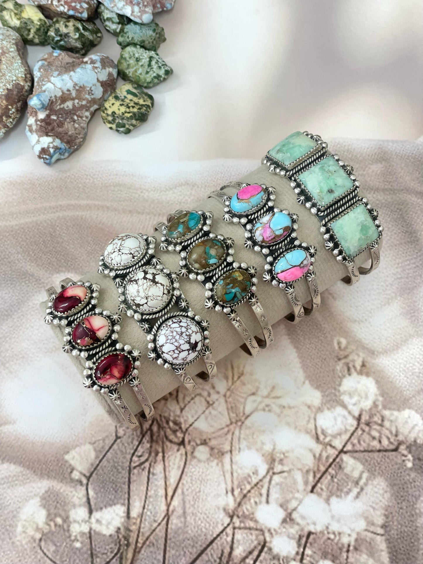 Handmade Sterling Silver Multi Stone Cuff Bracelet with Signed Nizhoni