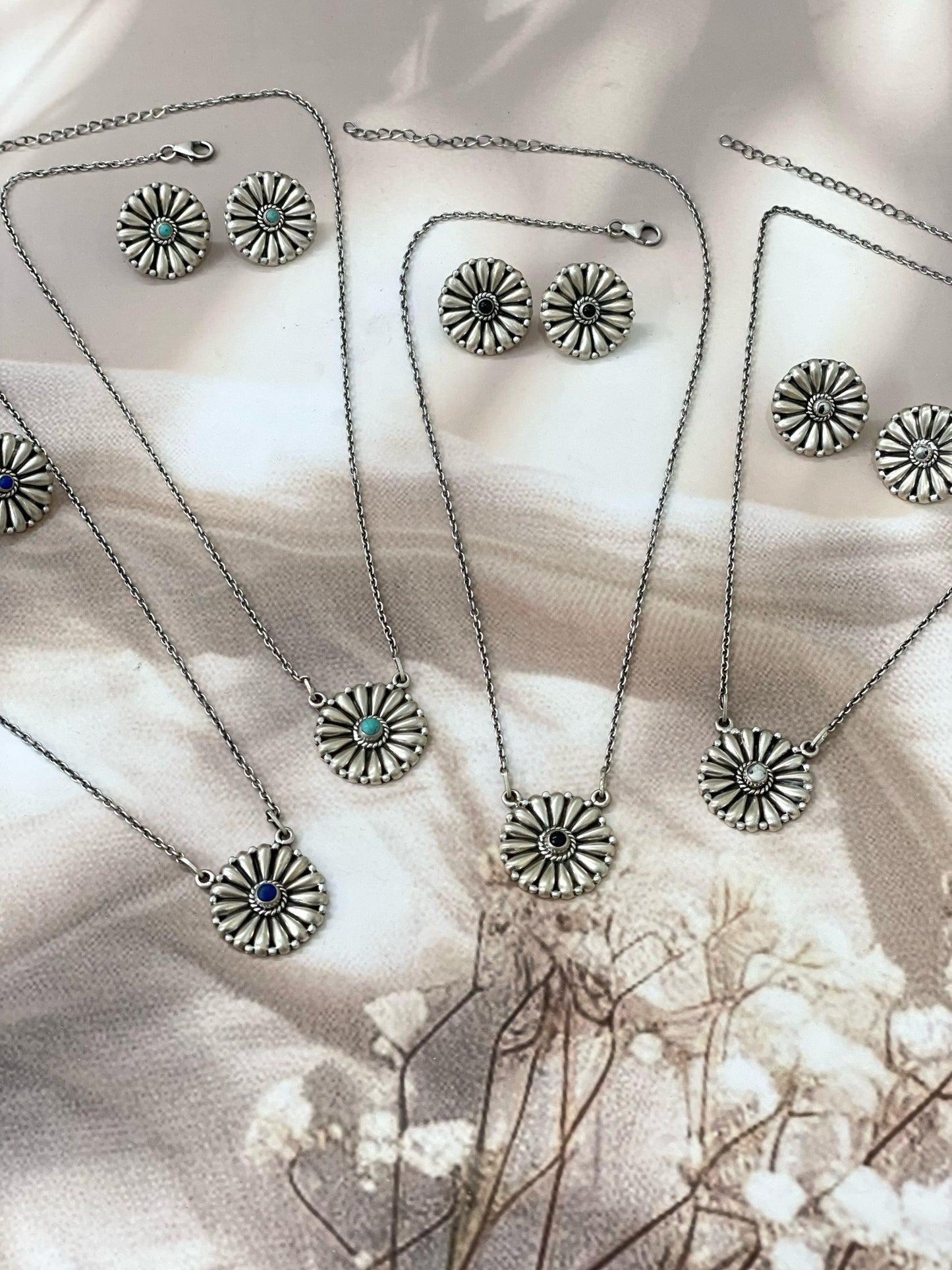 Handmade Sterling Silver Multi Stone Necklace Post Earring Set with Signed Nizhoni