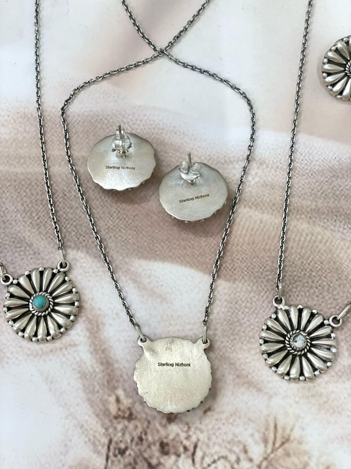 Handmade Sterling Silver Multi Stone Necklace Post Earring Set with Signed Nizhoni