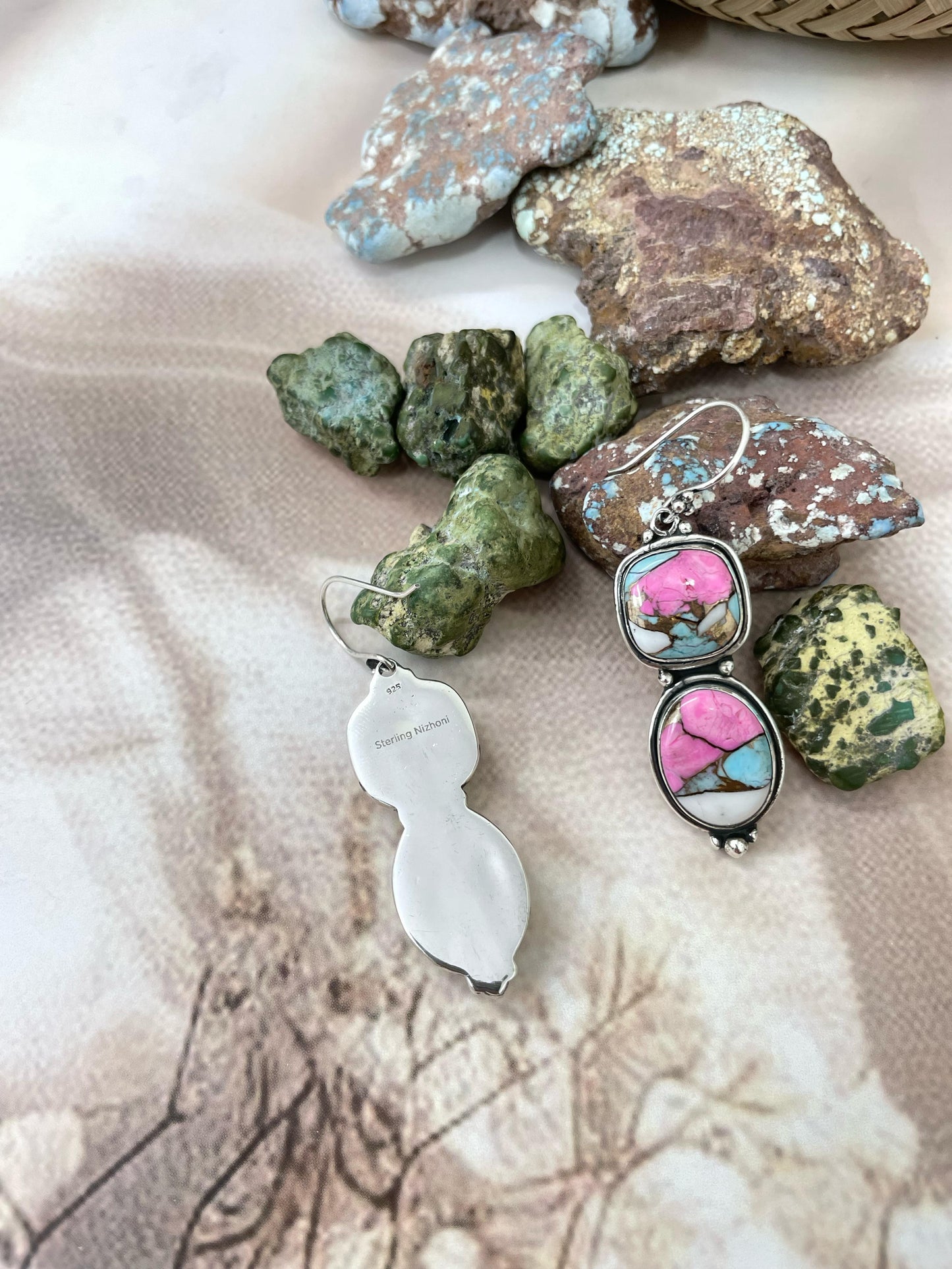 Handmade Sterling Silver Cotton Candy Turquoise Dangles Earrings with Signed Nizhoni