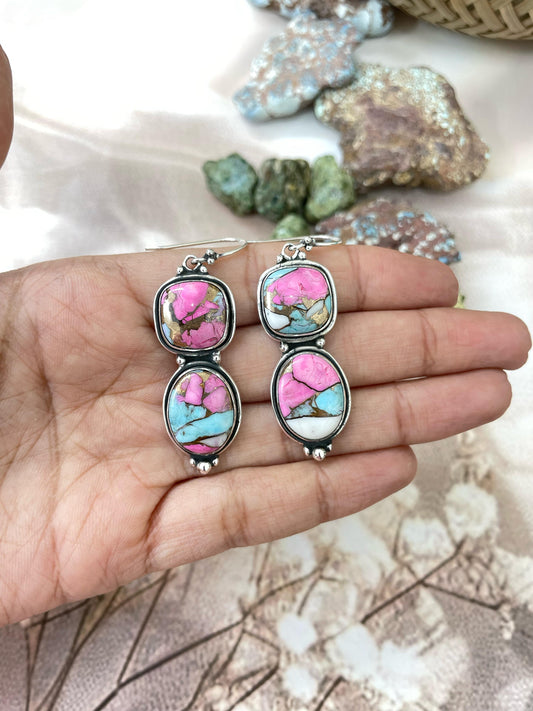 Handmade Sterling Silver Cotton Candy Turquoise Dangles Earrings with Signed Nizhoni