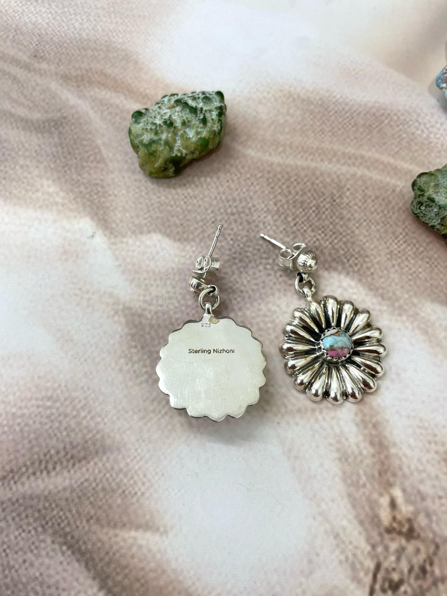 Handmade Sterling Silver Cotton Candy Turquoise Dangles Earrings with Signed Nizhoni