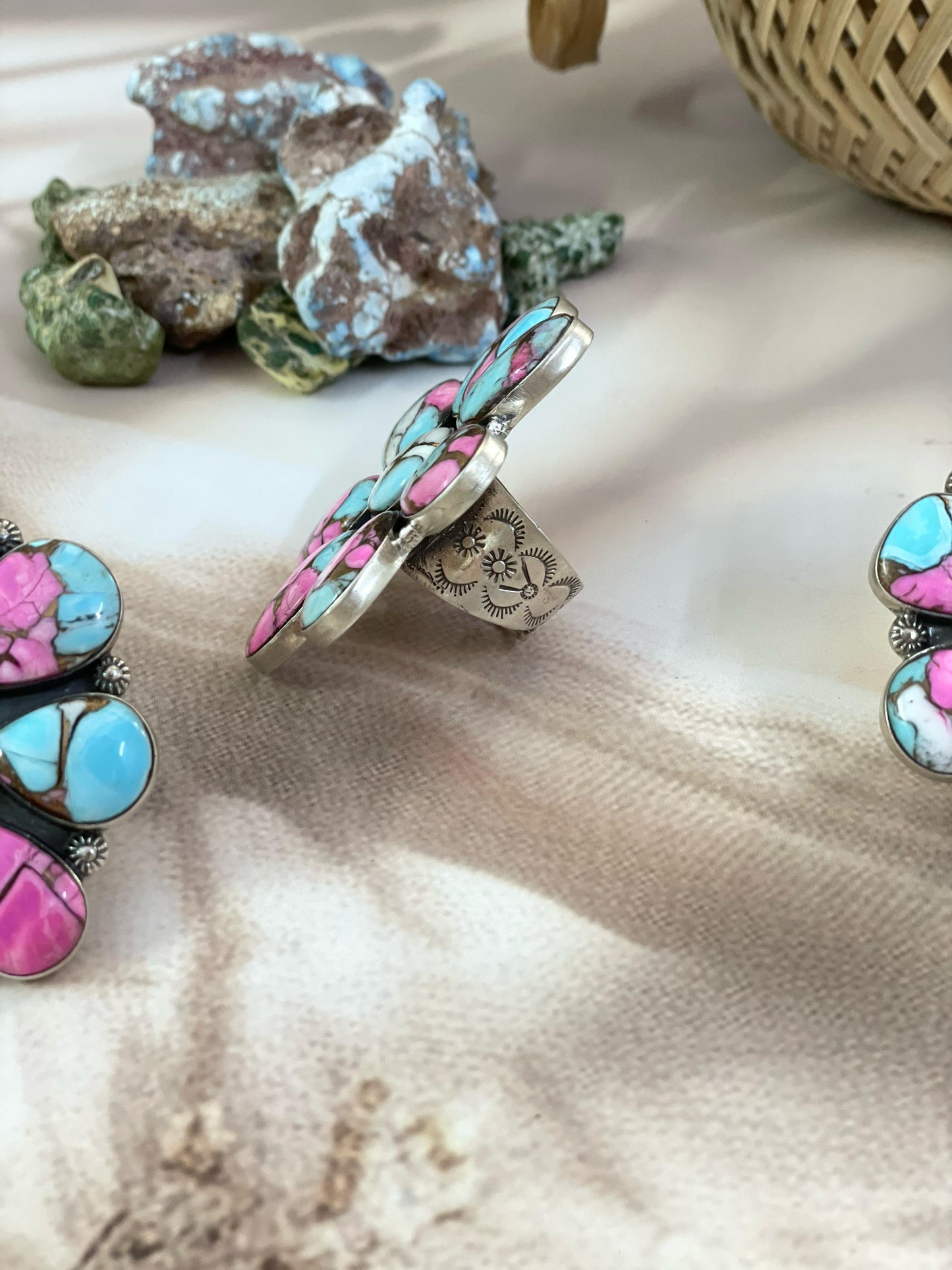 Handmade Sterling Silver Cotton Candy Turquoise Adjustable Ring with Signed Nizhoni