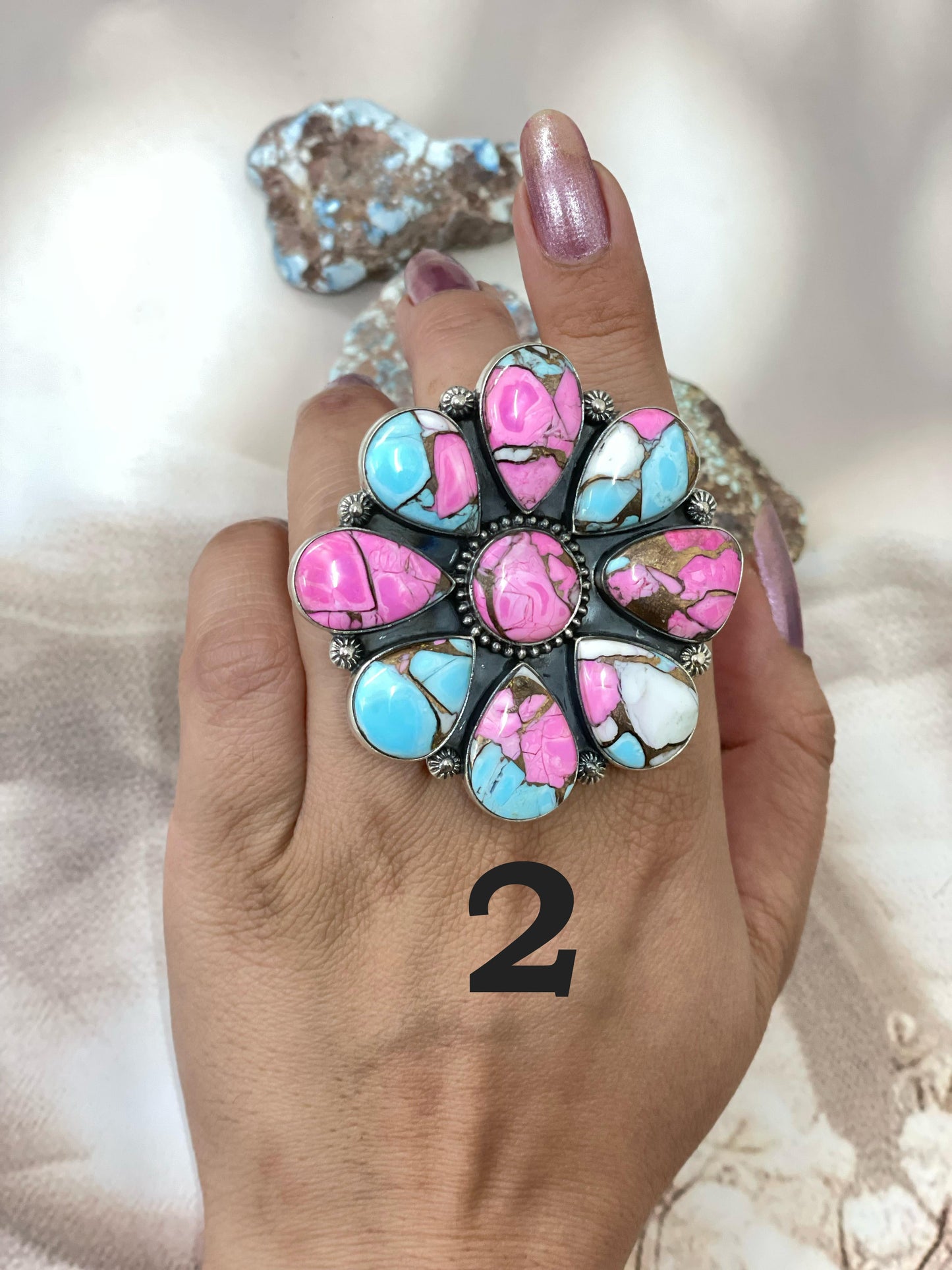 Handmade Sterling Silver Cotton Candy Turquoise Adjustable Ring with Signed Nizhoni