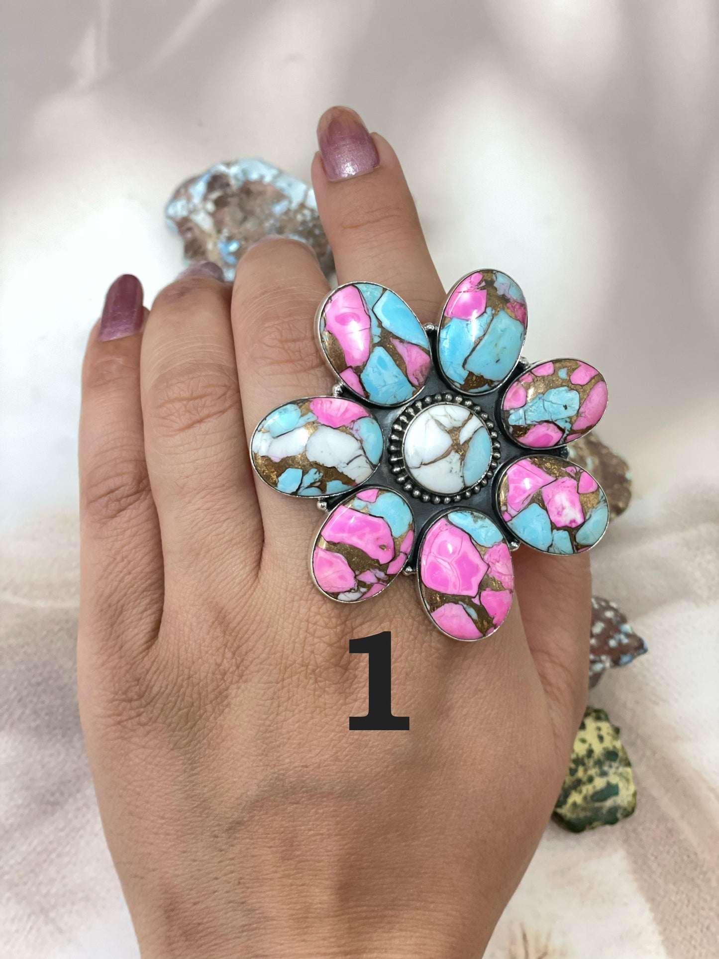 Handmade Sterling Silver Cotton Candy Turquoise Adjustable Ring with Signed Nizhoni