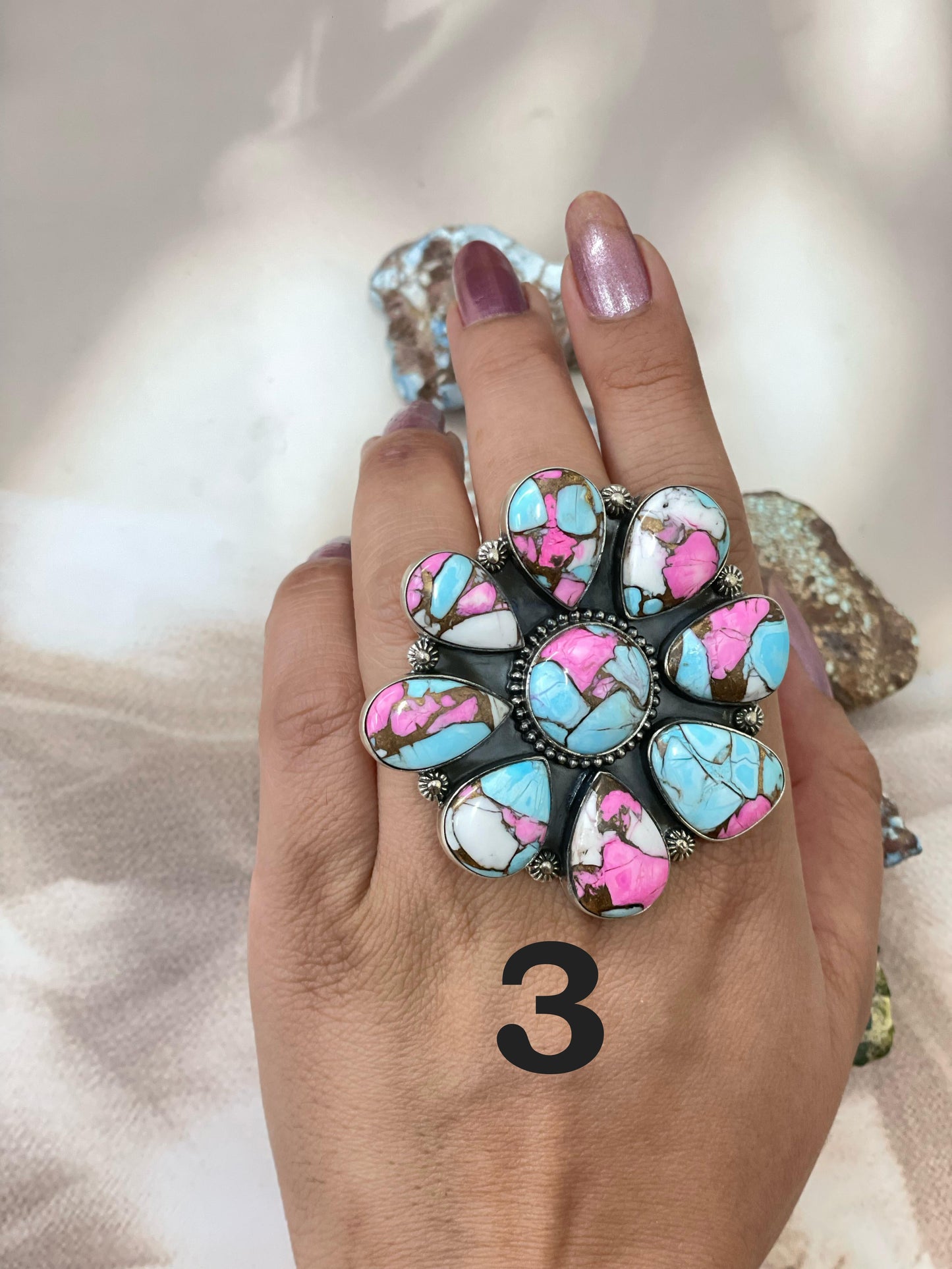 Handmade Sterling Silver Cotton Candy Turquoise Adjustable Ring with Signed Nizhoni