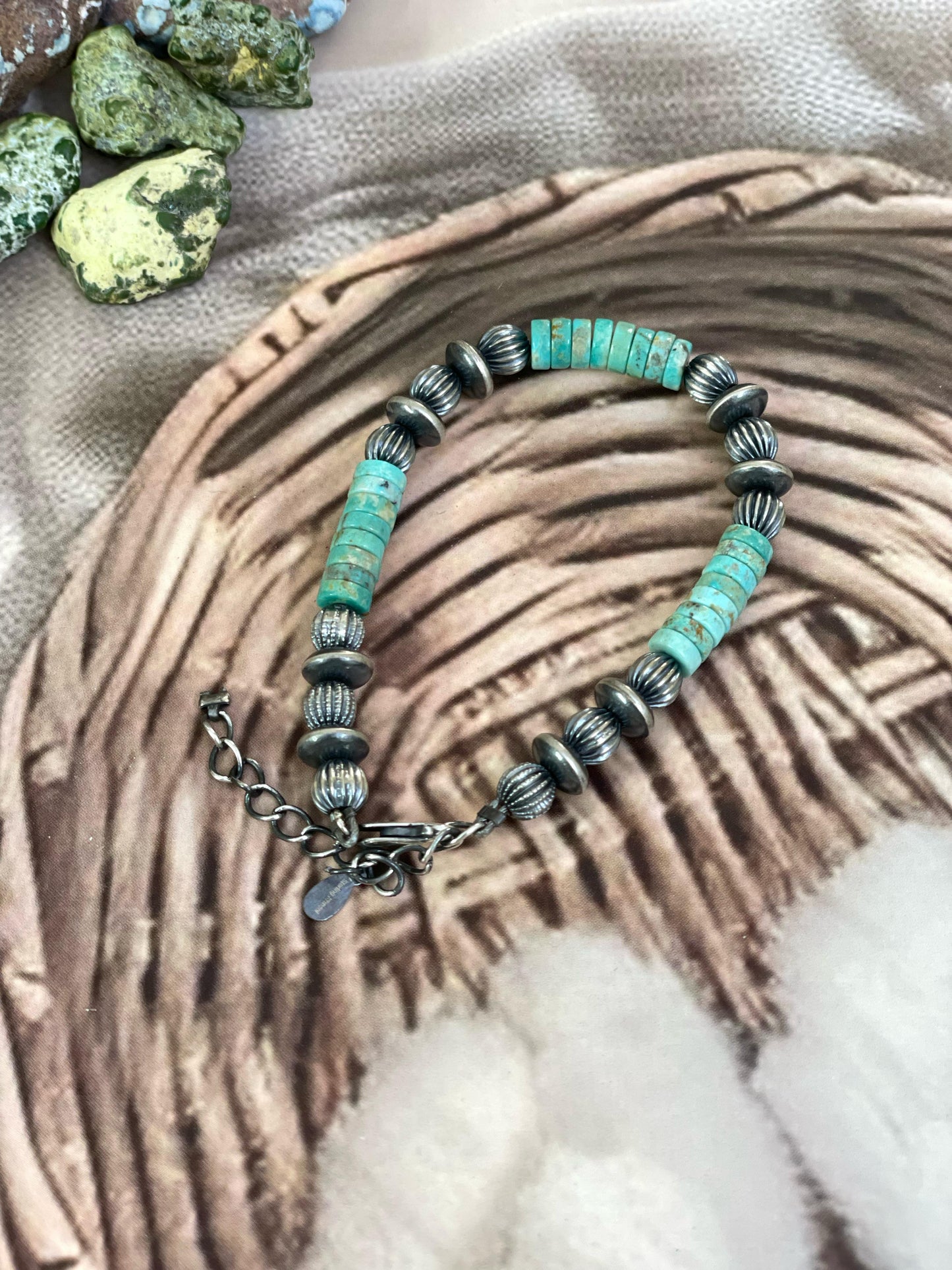 Handmade Sterling Silver Kingman Turquoise Beaded Bracelet with Signed Nizhoni