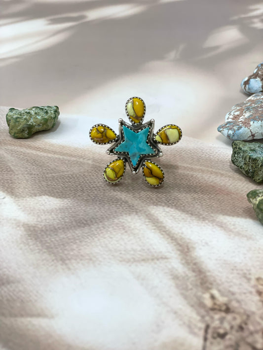 Handmade Sterling Silver Kingman Turquoise, Honey Dahlia Adjustable Ring with Signed Nizhoni