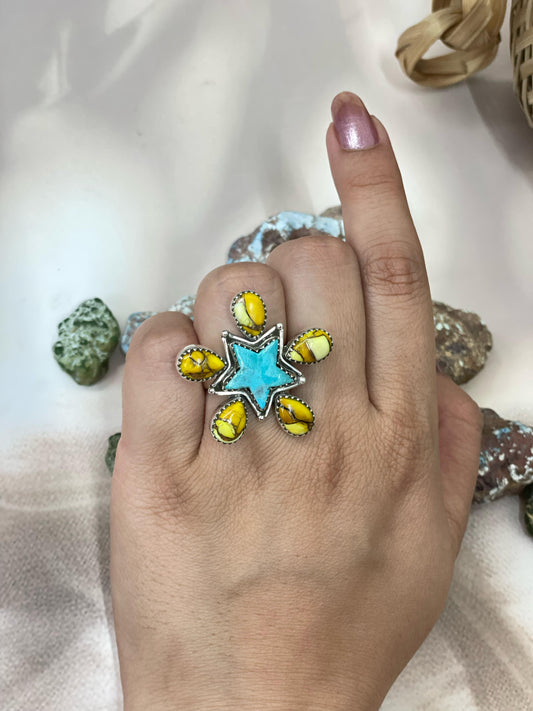 Handmade Sterling Silver Kingman Turquoise, Honey Dahlia Adjustable Ring with Signed Nizhoni