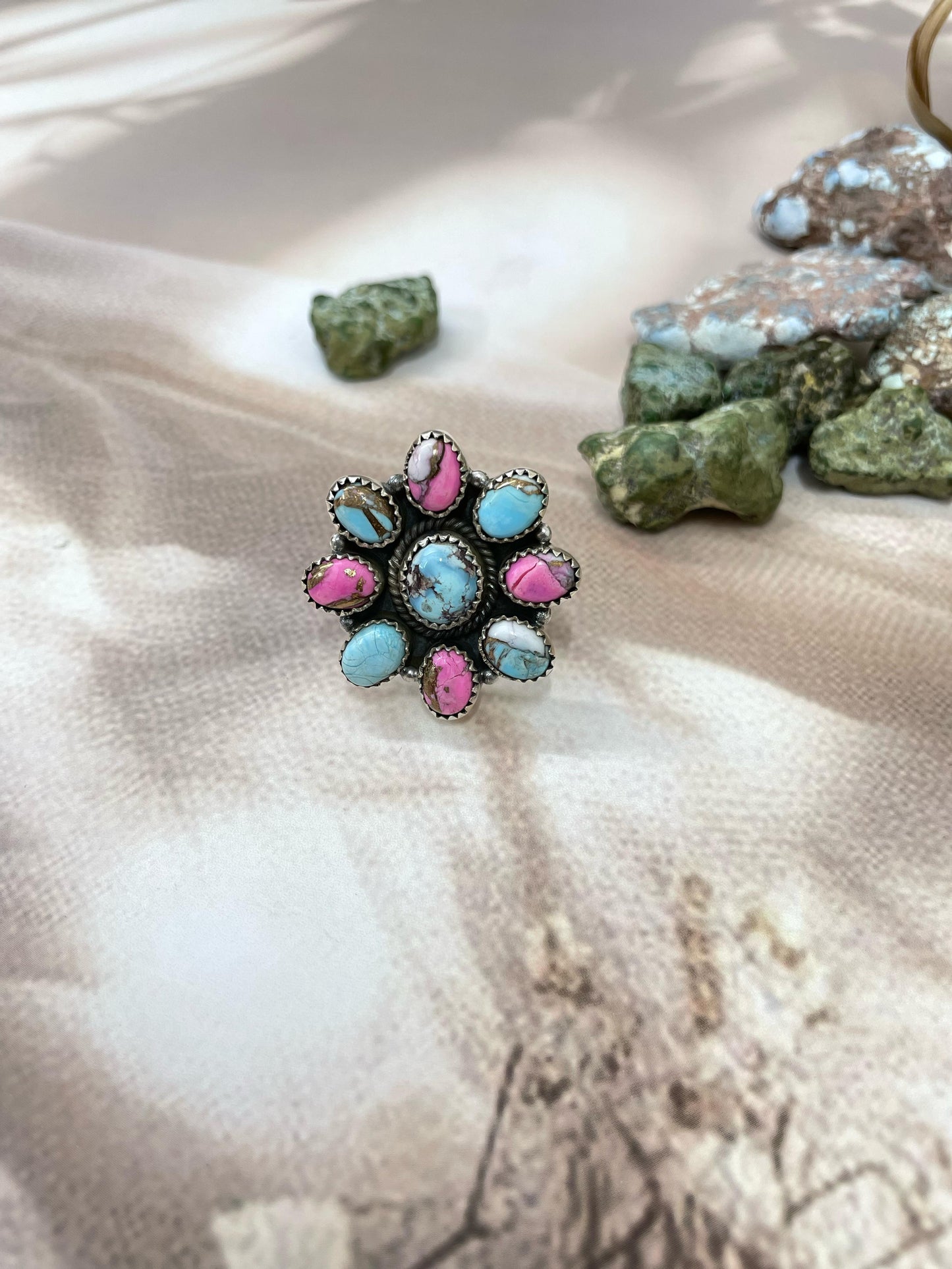 Handmade Sterling Silver Golden Hills, Cotton Candy Turquoise Adjustable Ring with Signed Nizhoni