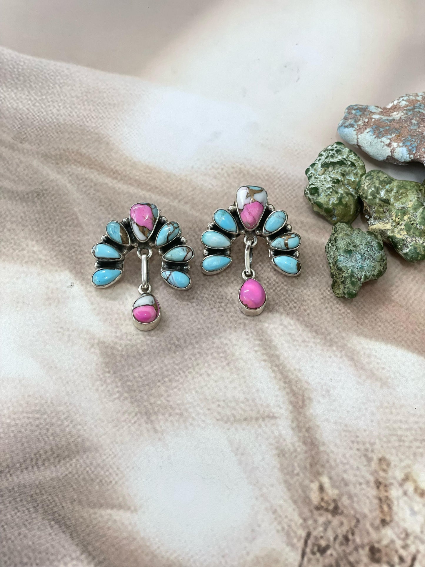 Handmade Sterling Silver Cotton Candy Turquoise Dangles Earrings with Signed Nizhoni