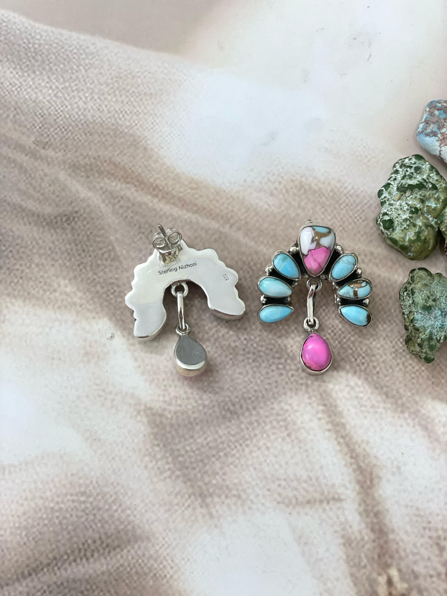 Handmade Sterling Silver Cotton Candy Turquoise Dangles Earrings with Signed Nizhoni