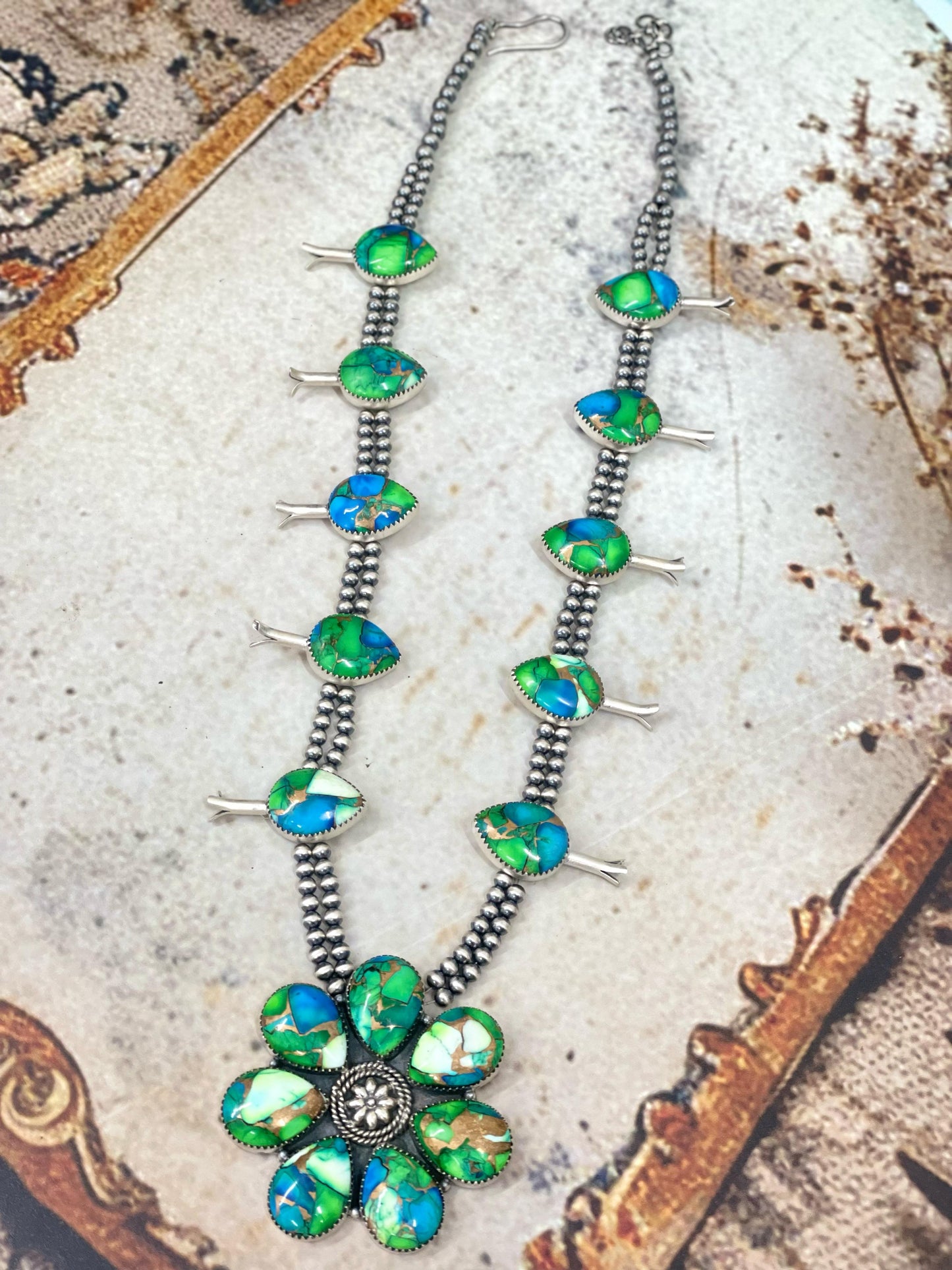 Handmade Sterling Silver Peacock Dahlia Cluster Necklace with Signed Nizhoni