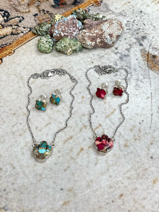 Handmade Sterling Silver Dahlia Rose, Royston Turquoise Necklace Post Earring Set with Signed Nizhoni