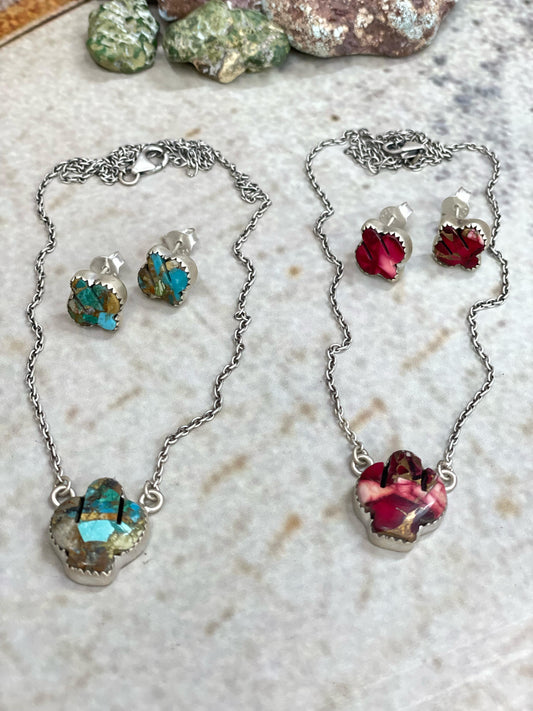 Handmade Sterling Silver Dahlia Rose, Royston Turquoise Necklace Post Earring Set with Signed Nizhoni