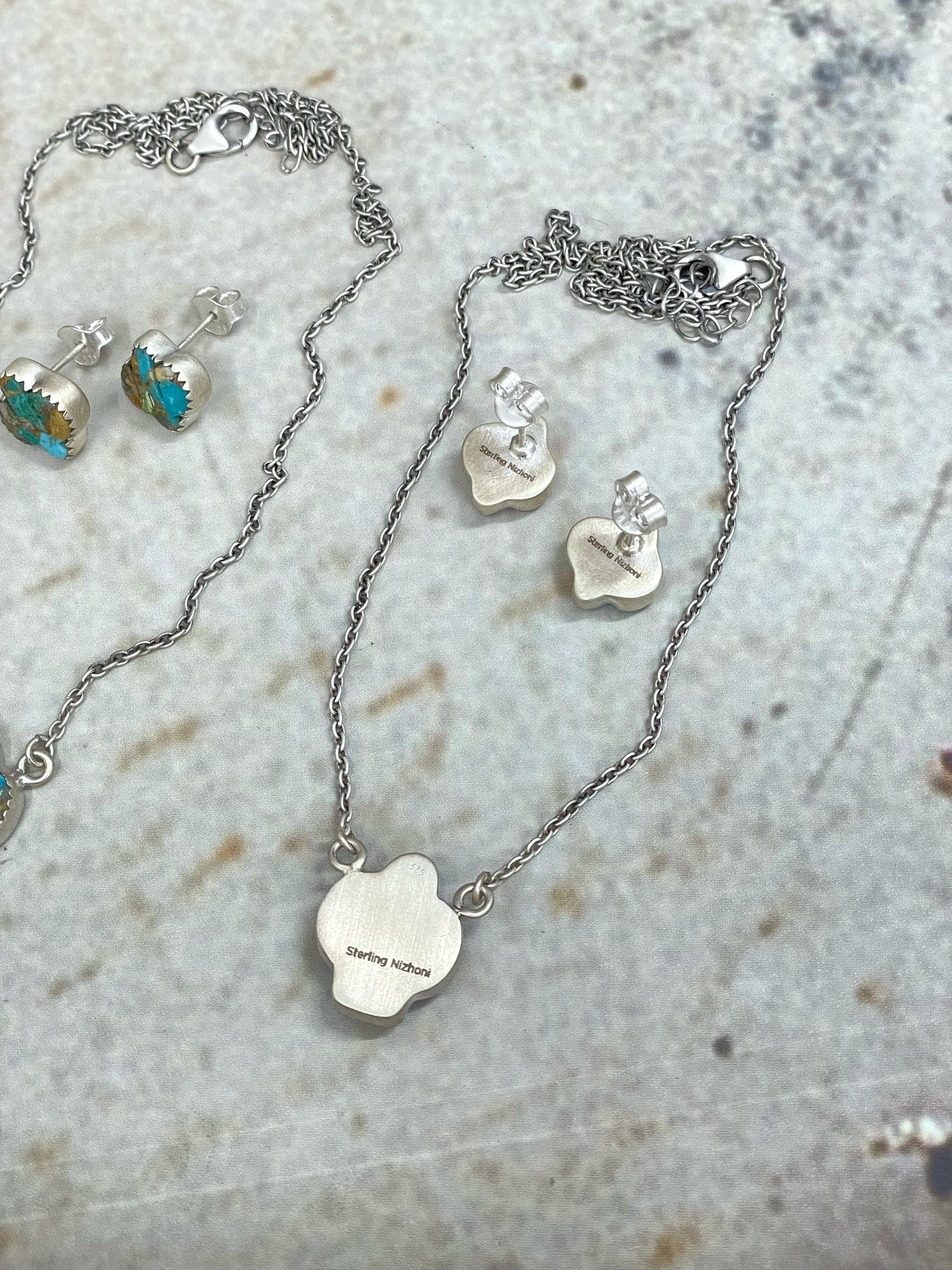 Handmade Sterling Silver Dahlia Rose, Royston Turquoise Necklace Post Earring Set with Signed Nizhoni