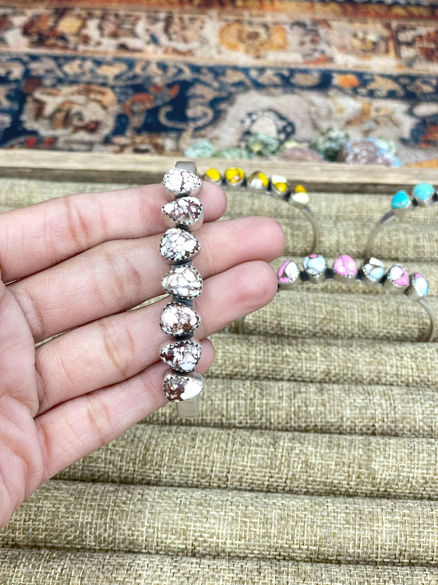 Handmade Sterling Silver Dahlia Rose, Honey Dahlia, Kingman Turquoise, Wild Horse, Cotton Candy Turquoise Cuff Bracelet with Signed Nizhoni