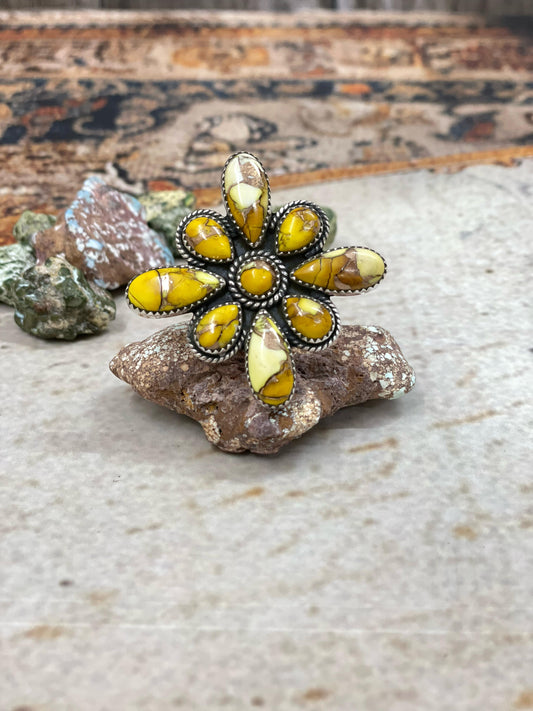 Handmade Sterling Silver Honey Dahlia Adjustable Flower Ring with Signed Nizhoni
