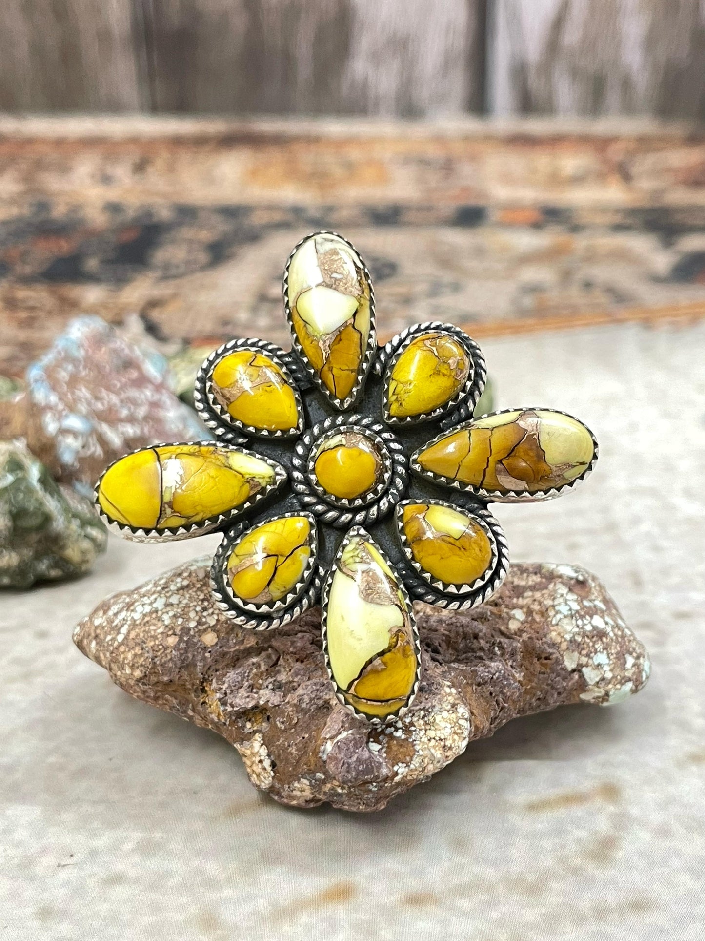 Handmade Sterling Silver Honey Dahlia Adjustable Flower Ring with Signed Nizhoni