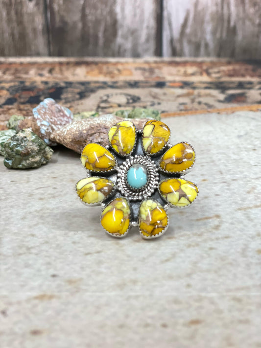 Handmade Sterling Silver Honey Dahlia with Kingman Turquoise Adjustable Ring with Signed Nizhoni