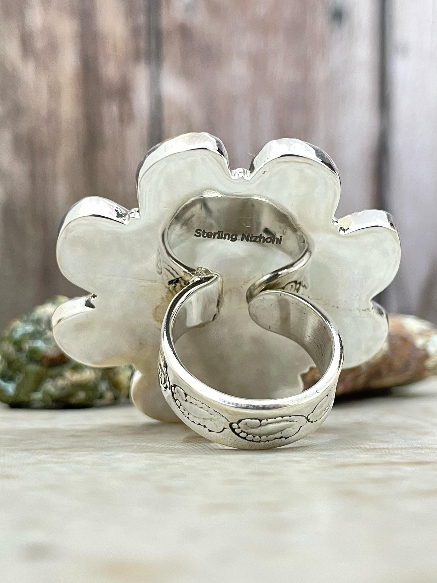 Handmade Sterling Silver Honey Dahlia with Kingman Turquoise Adjustable Ring with Signed Nizhoni