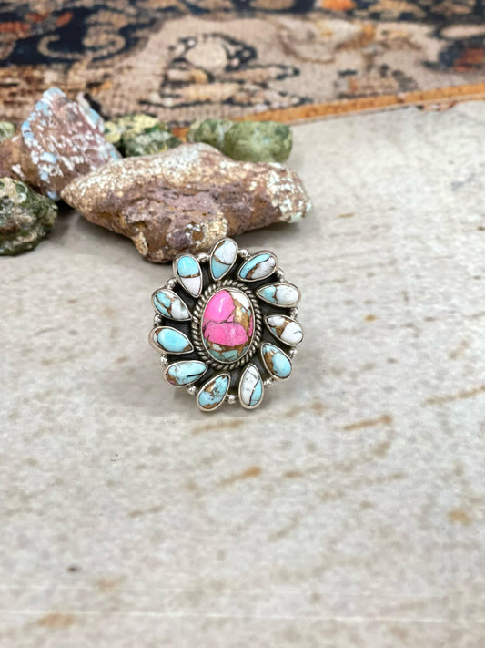 Handmade Sterling Silver Cotton Candy Adjustable Flower Ring with Signed Nizhoni