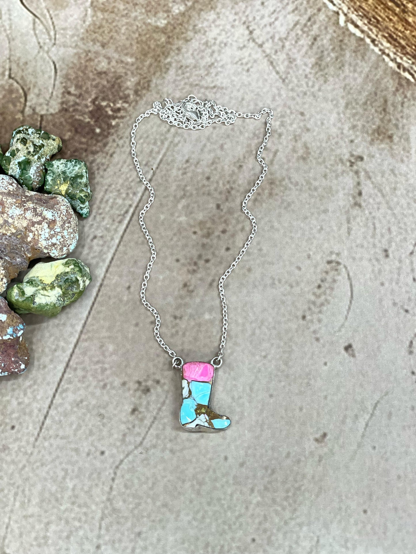 Handmade Sterling Silver Cotton Candy Turquoise Shoe Necklace with Signed Nizhoni