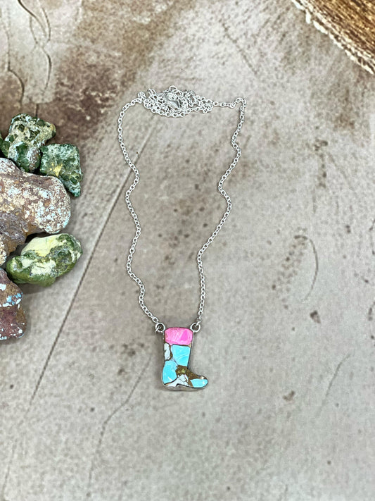 Handmade Sterling Silver Cotton Candy Turquoise Shoe Necklace with Signed Nizhoni