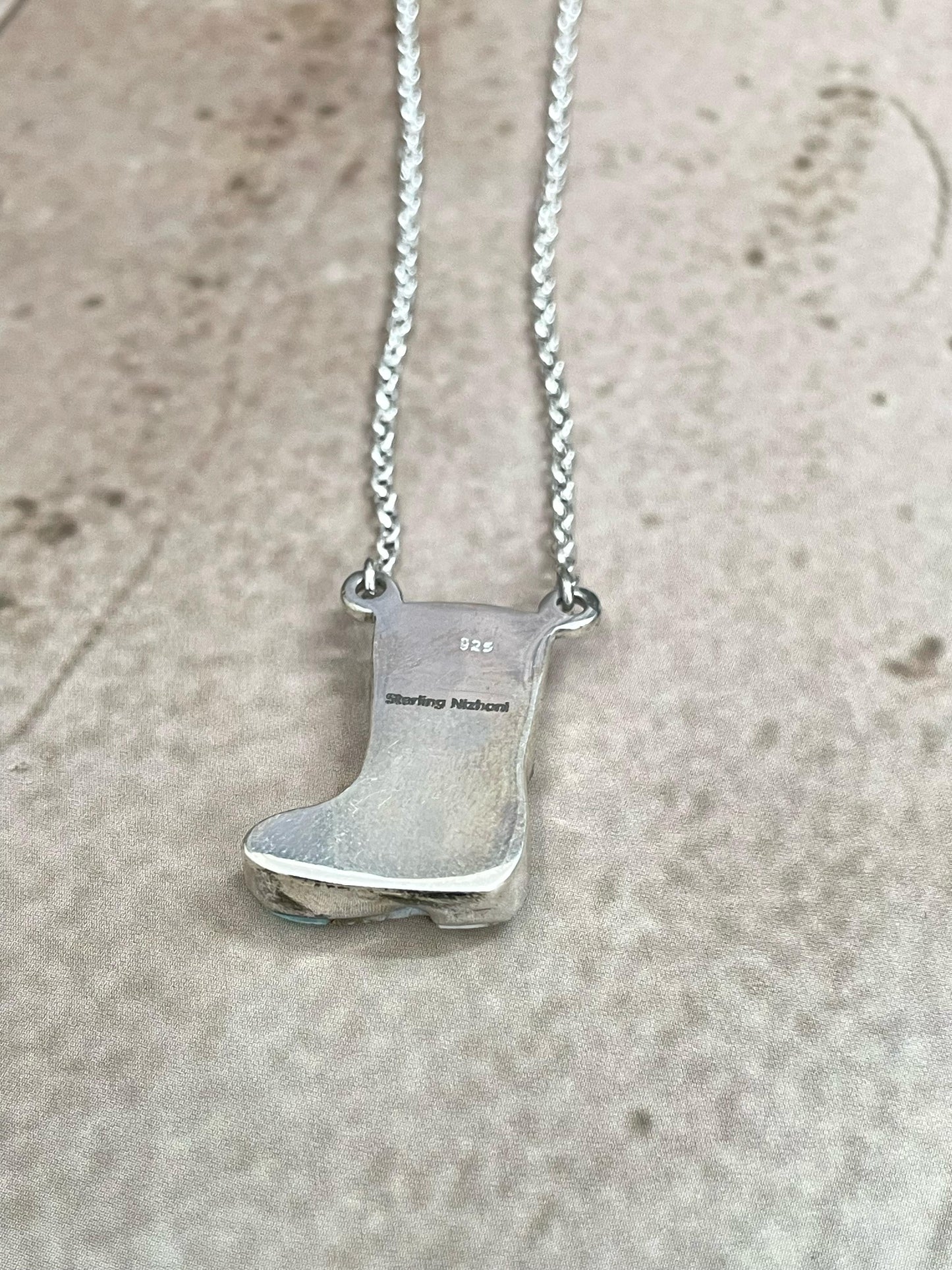 Handmade Sterling Silver Cotton Candy Turquoise Shoe Necklace with Signed Nizhoni