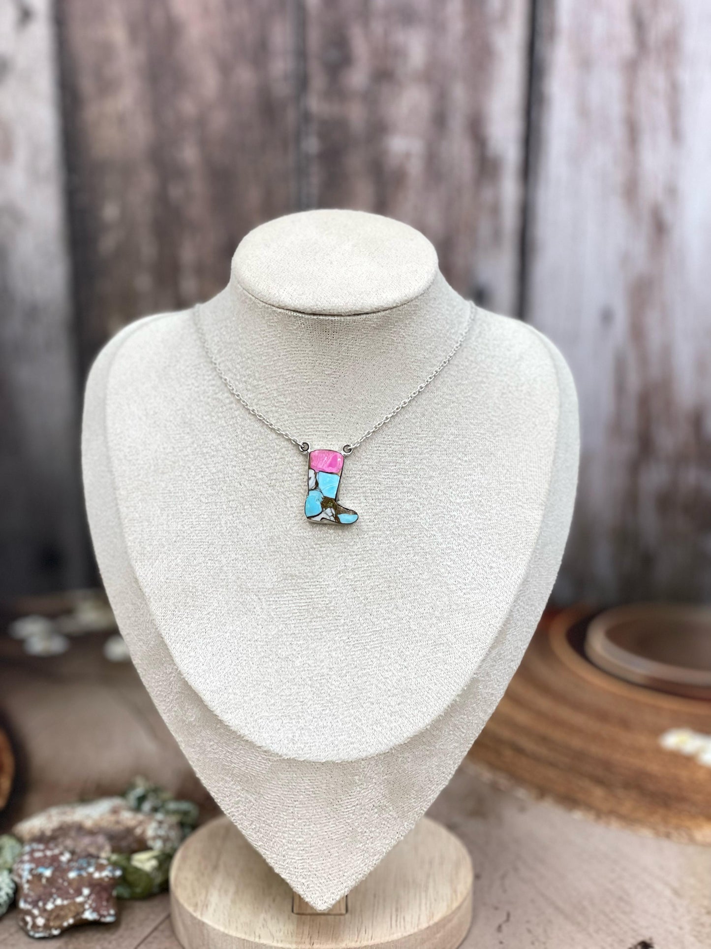 Handmade Sterling Silver Cotton Candy Turquoise Shoe Necklace with Signed Nizhoni