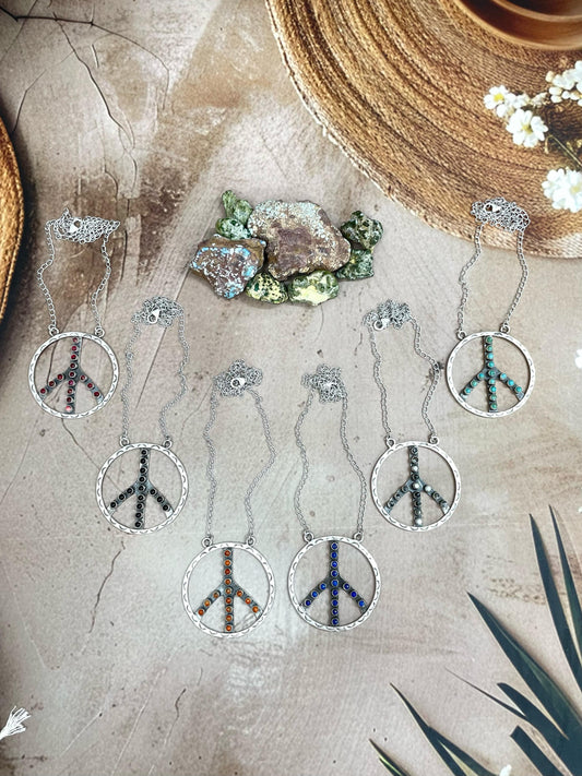 Handmade Sterling Silver Multi Stone Peace Hoop Necklace with Signed Nizhoni