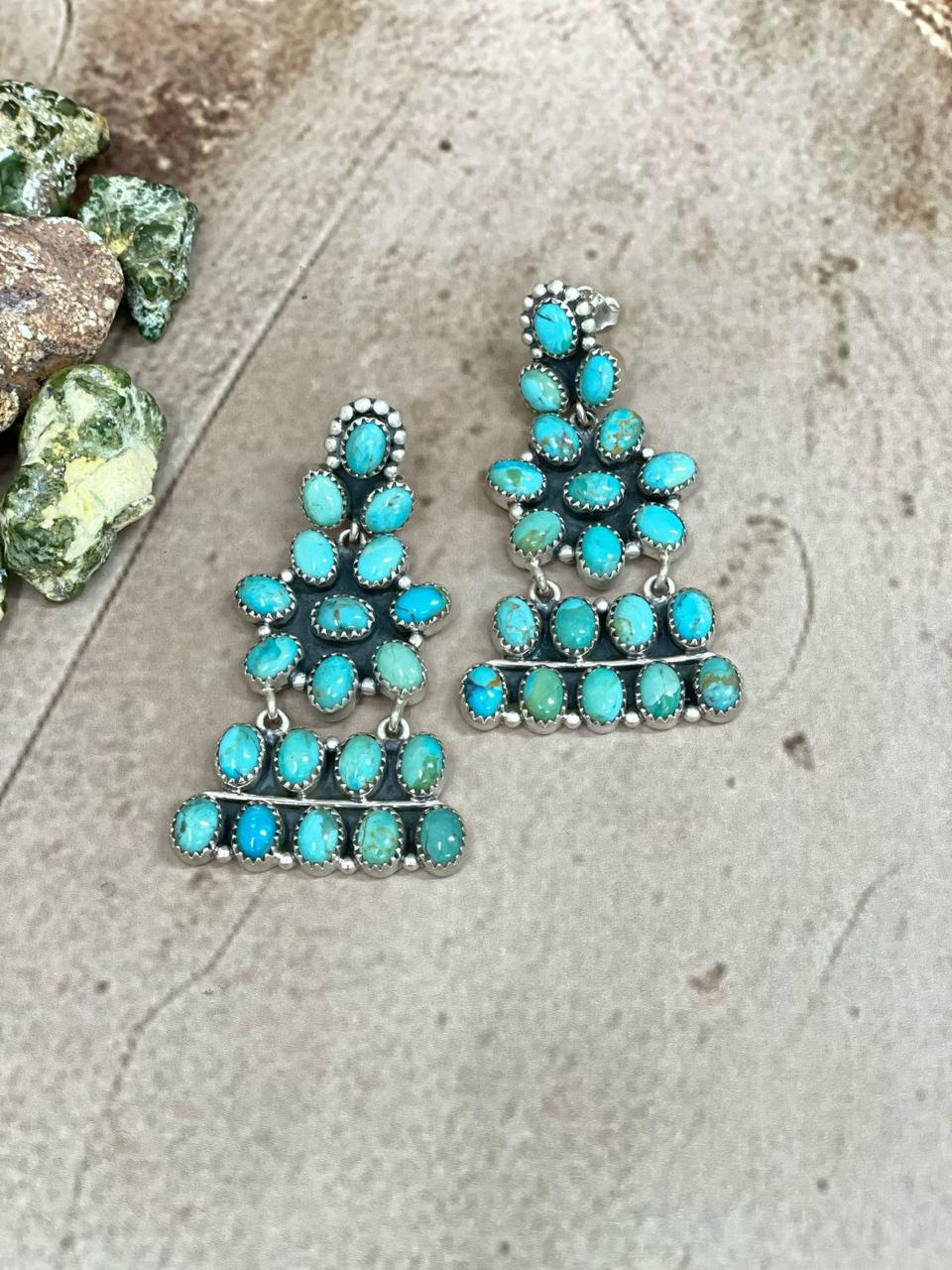 Handmade Sterling Silver Kingman Turquoise Dangle Earrings with Signed Nizhoni