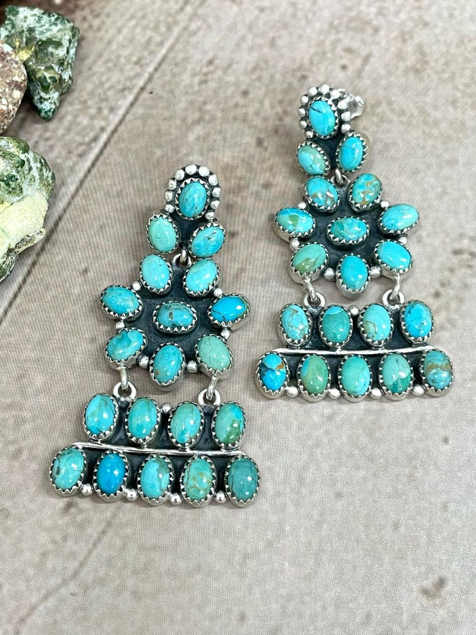 Handmade Sterling Silver Kingman Turquoise Dangle Earrings with Signed Nizhoni