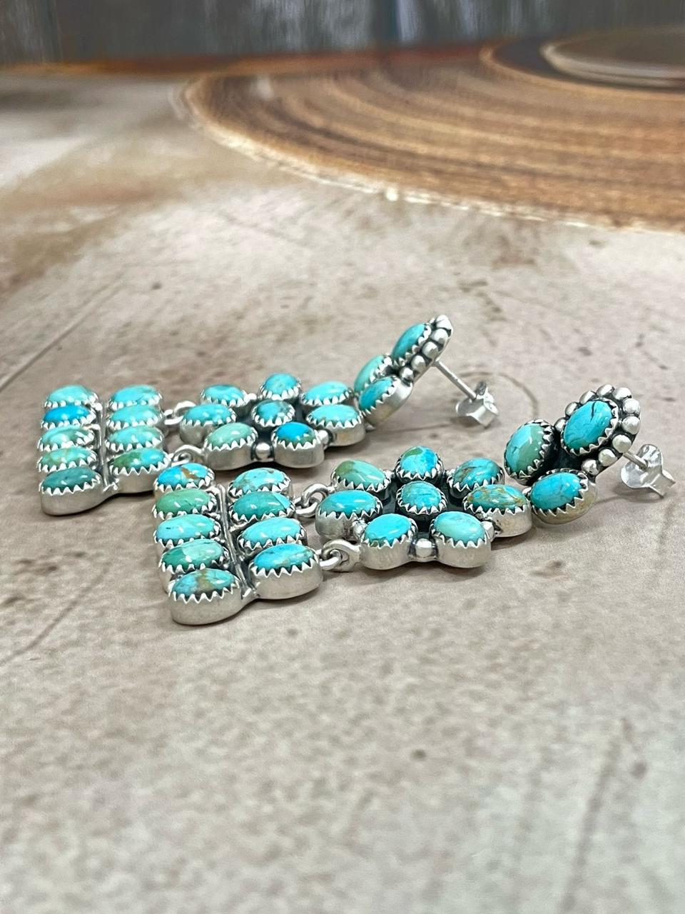 Handmade Sterling Silver Kingman Turquoise Dangle Earrings with Signed Nizhoni