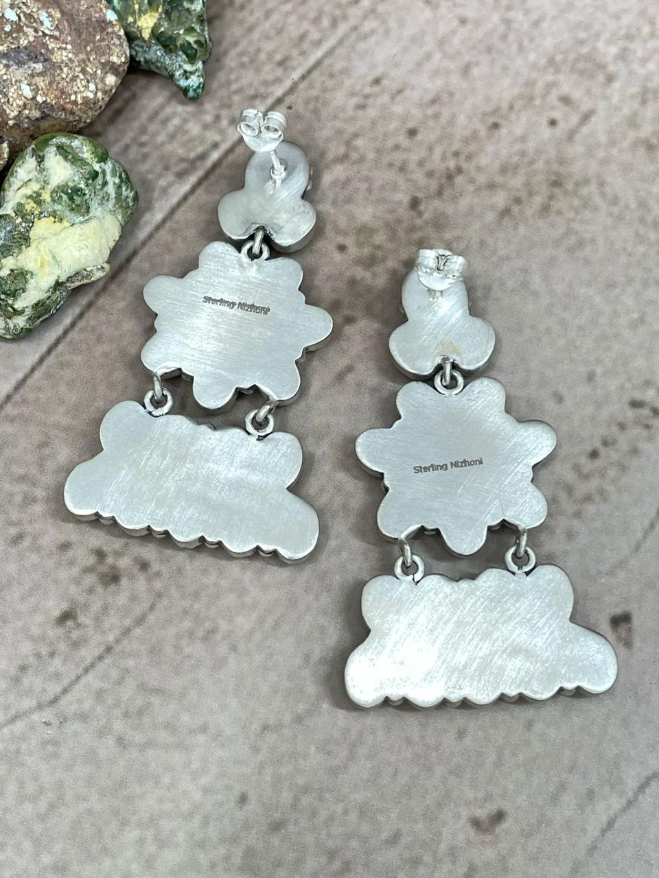 Handmade Sterling Silver Kingman Turquoise Dangle Earrings with Signed Nizhoni