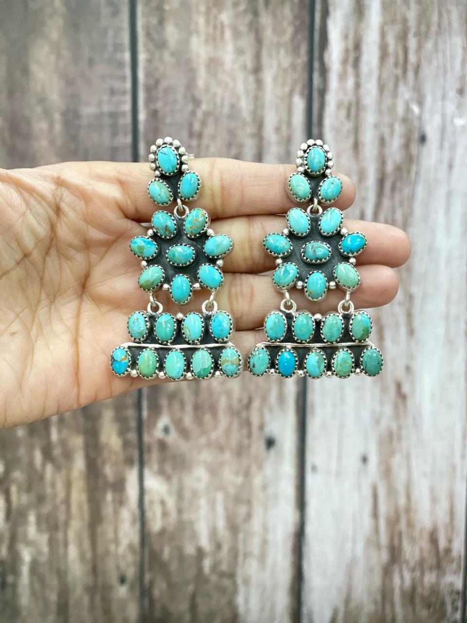 Handmade Sterling Silver Kingman Turquoise Dangle Earrings with Signed Nizhoni